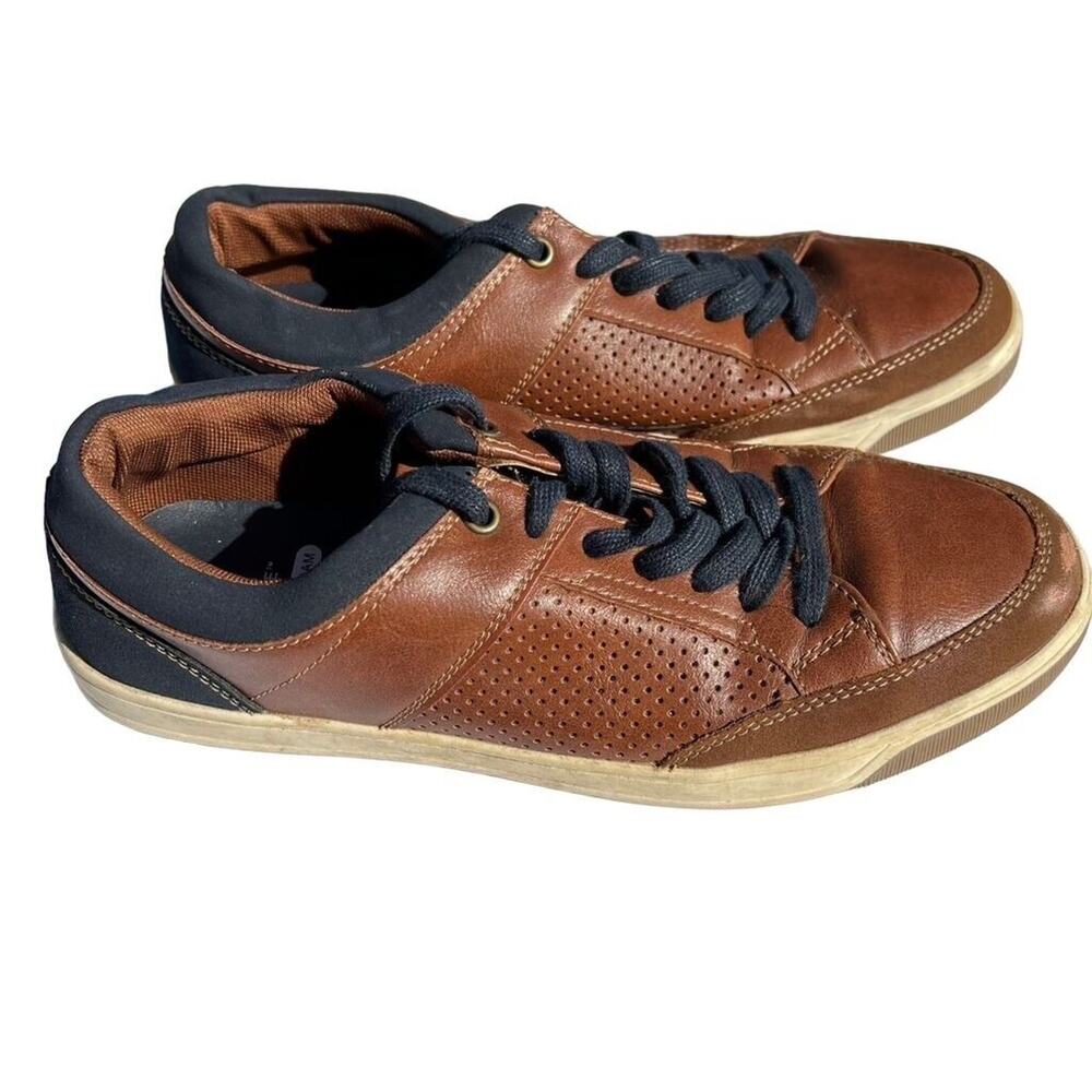 George Mens Faux Leather Sneakers Casual Shoes Memory Foam Navy Blue Brown Sz 7